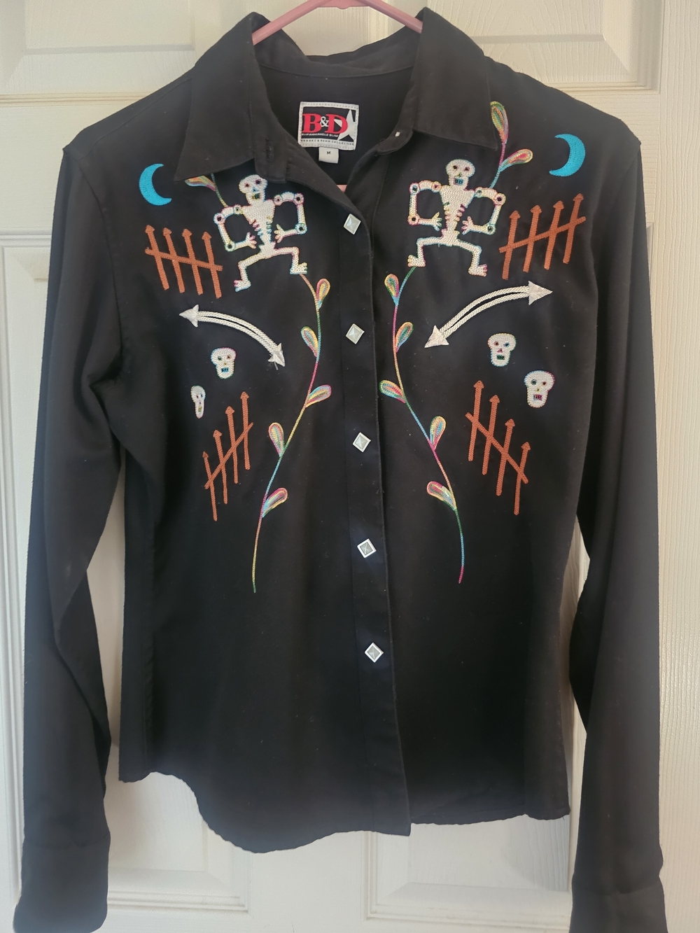 Black Embroidered Skeleton Western Shirt